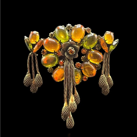 Verified ALICE CAVINESS Fall Color Cabochon Chained Dangle Brooch & Earrings - Picture 2 of 5